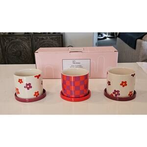 xo Sienna Small Planters Set of 3 Ceramic Pots and Trays Floral and Plaid